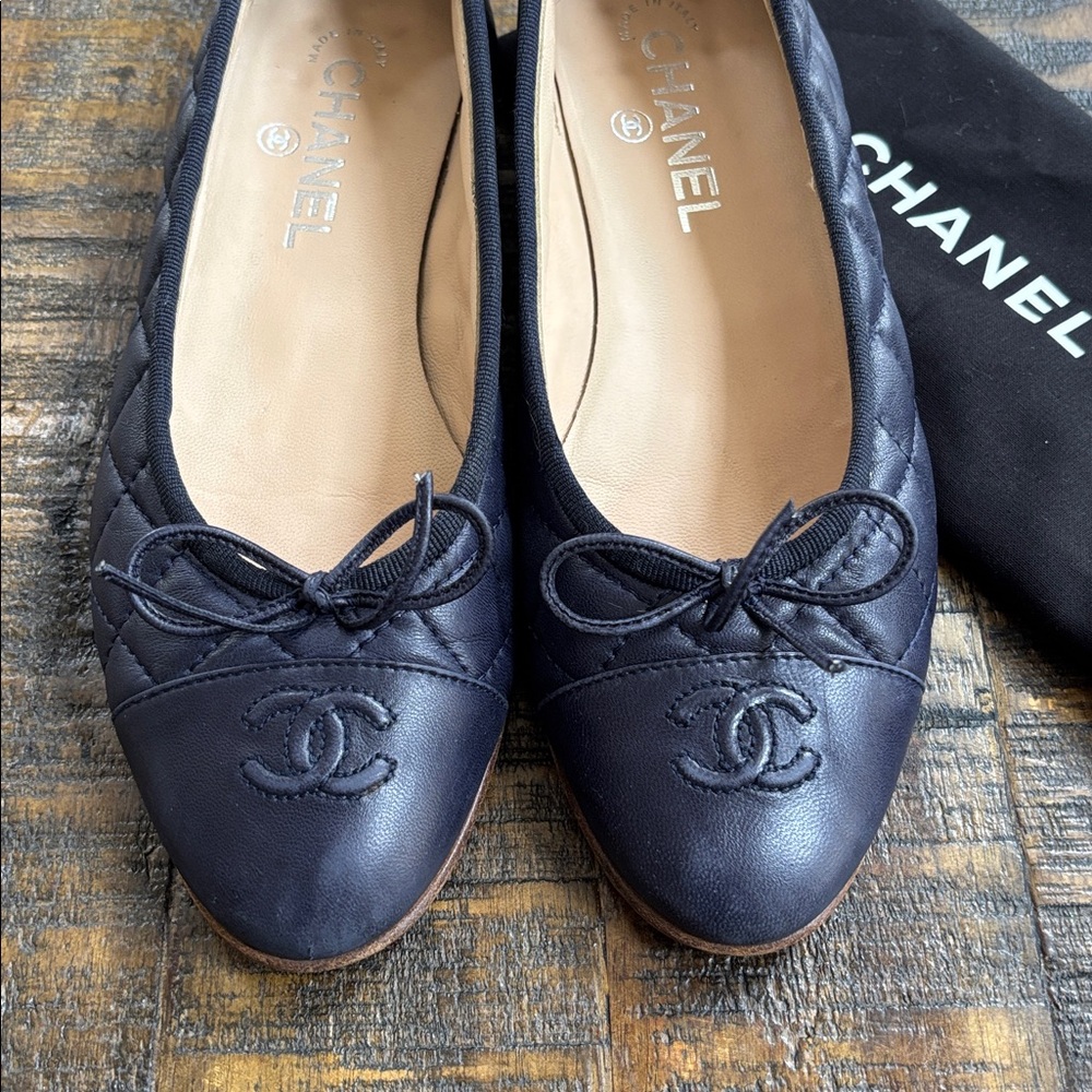 CHANEL Women's Dark Blue Quilted Flats